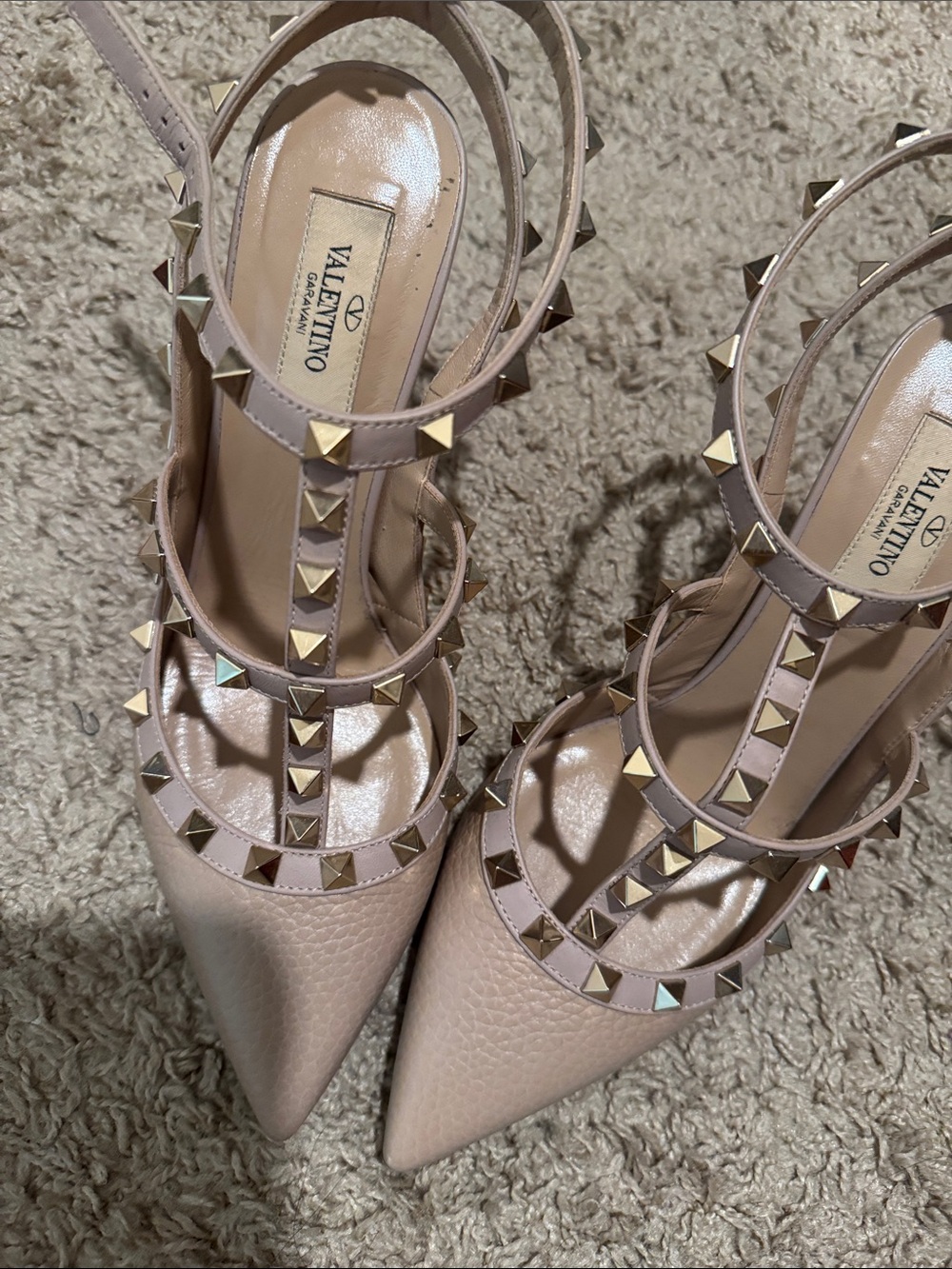 Valentino Garavani Blush Pink Rockstud T-Strap Pointed Pumps